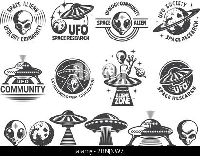 Badges set with ufo and aliens. Vector design templates with place for your text Stock Vector