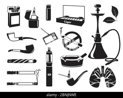 Monochrome pictures of hookah, tobacco leaves, cigars cigarettes and other tools for smokers Stock Vector