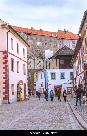Cesky Krumlov, Czech Republic - February 26, 2017: Famous landmark, historic center street view Stock Photo