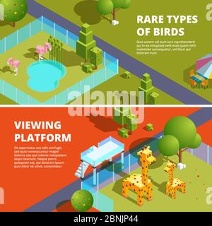Horizontal banners with zoo and funny animals. Isometric 3d illustrations Stock Vector