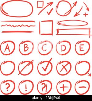 Exam marks and notes for learn testing. Red grade results Stock Vector