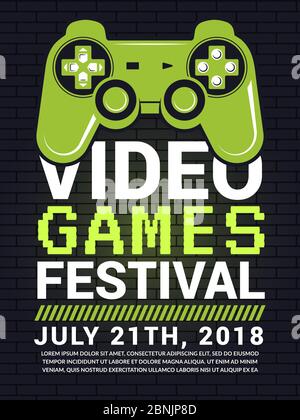 Poster of video game festival. Cyber sport concept with gamepad picture Stock Vector