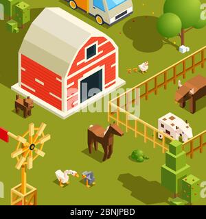 Isometric farm landscape. Village with various farm animals Stock Vector