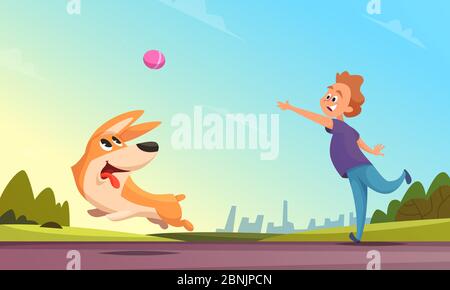 Boy playing with his pet in urban park. Dog catching little ball Stock Vector