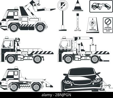 Evacuator cars. Monochrome pictures isolated Stock Vector