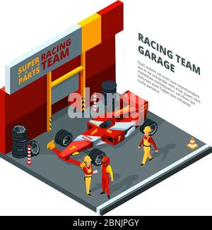 Race car at station. Isometric composition isolate on white Stock Vector