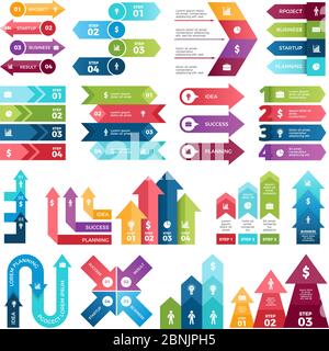 Colored arrows for design projects of infographics. Visualizations of steps. Pictures for business presentations Stock Vector