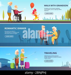 Horizontal banners set with illustrations of elderly couples in various situations Stock Vector