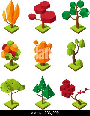 Isometric polygonal trees. Vector 3D trees isolate on white background Stock Vector