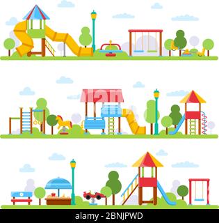 Horizontal illustrations with various views of children playground in urban park Stock Vector