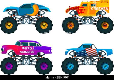 Van 4x4 with big wheels. Vector pictures of monster trucks Stock Vector
