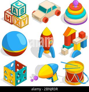 Isometric illustrations of various childrens toys Stock Vector