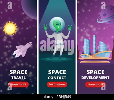 Vector vertical banners with pictures of space backgrounds with aliens and spaceships Stock Vector