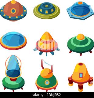 UFO and aliens isometric. Vector space plates isolate Stock Vector