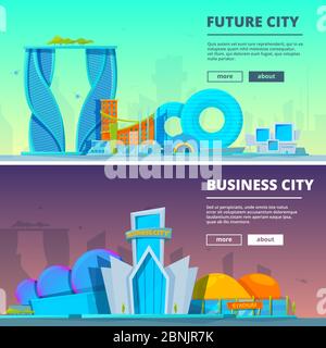 Futuristic buildings. Vector illustrations of buildings in cartoon style Stock Vector