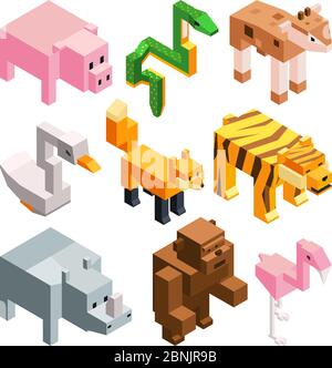Vector pictures set of funny stylized animals. Isometric illustrations Stock Vector