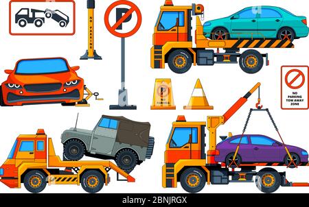 Evacuators on white. Cartoon pictures of evacuator cars Stock Vector