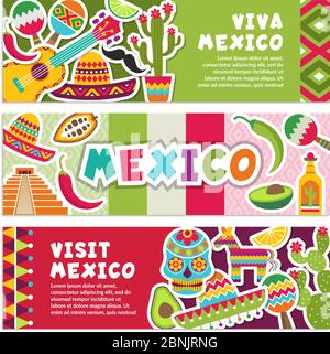 Horizontal banners with Mexican symbols. Viva mexico Stock Vector