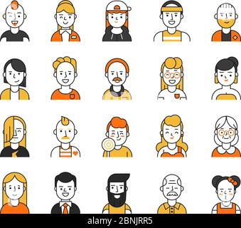 Users icon set in linear style. Various funny characters male and female Stock Vector