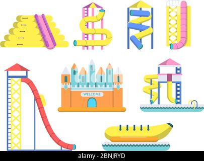 Flat illustrations of water park with various attractions Stock Vector