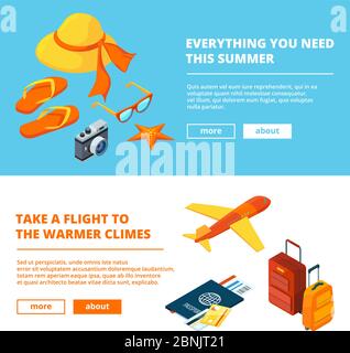 Banners of summer time. Isometric illustrations of summer travelling Stock Vector