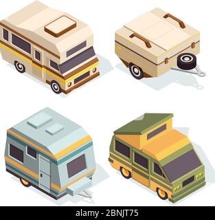SUV and camping cars. Isometric pictures set of travel cars Stock Vector