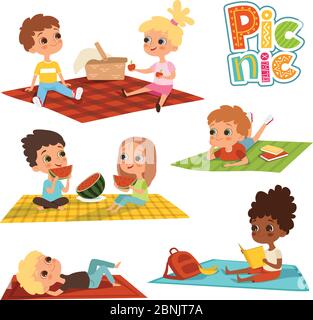 Funny kids in park. Picnic concept vector pictures Stock Vector