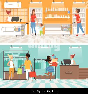 Banners of supermarket. People male and female make purchases in store Stock Vector