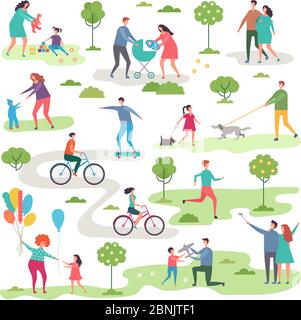Outdoor activism in urban park. Bicycle riders and walking peoples Stock Vector
