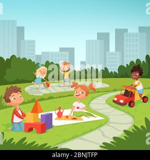 Childrens playing in educational games outdoor . Various equipment for kids Stock Vector
