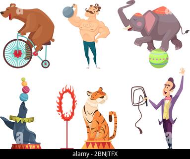 Circus mascots. Clouns, performers, juggler and other characters of circus Stock Vector