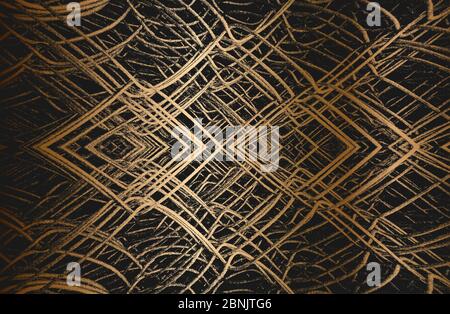 Golden distress old rusted peeled, scrathed vector texture with metal net, wire, cage, crossed stripes. EPS8 illustration. Stock Vector