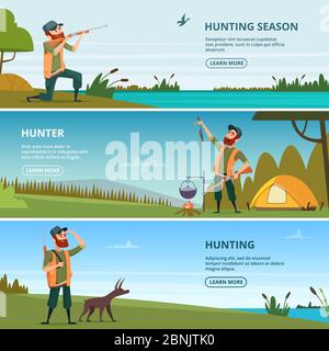 Hunters on hunt banners. Cartoon illustrations of hunting Stock Vector