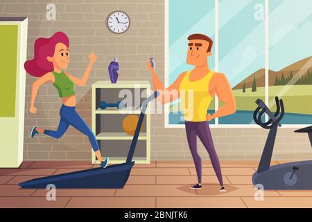 Man running on treadmill. Sportsman jogging on fitness equipment. Endurance  cardio run training. Flat vector illustration 8893182 Vector Art at Vecteezy