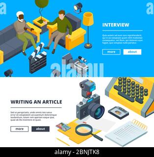 Interview in studio. Banners set of making news production Stock Vector