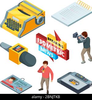 Video news and journalistic. Isometric pictures set of blogging and news symbols Stock Vector