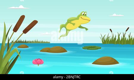 Frog jumping in pond. Vector cartoon background Stock Vector