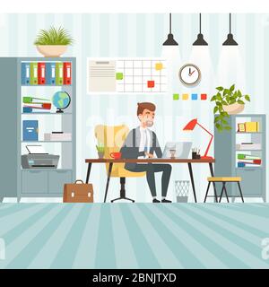 Workspace of busy businessman. Boss or company manager sitting at table Stock Vector