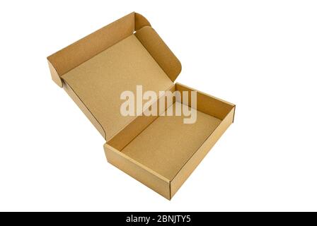 Small cardboard made of corrugated cardboard with an opening upper part, isolated on a white background with a clipping path. Stock Photo