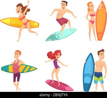 Summer surf characters. Vector funny mascots in various action poses Stock Vector