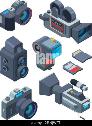 Isometric video and photo cameras. Vector pictures of various equipment for video and photo studio Stock Vector