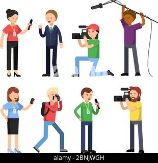 Set characters of broadcasting, reportage and interview. Operator, photographer and interviewer Stock Vector