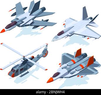 Military aircrafts isometric. 3D airplanes isolate on white Stock Vector