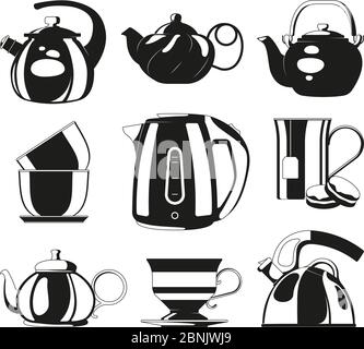 Black kettles. Vector silhouettes of various teapots Stock Vector