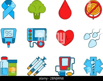 Diabetic medical symbols. Insulin, syringe and other medical icons set Stock Vector