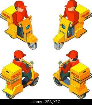 Pizza delivery man on bike. Vector isometric several views of pizza delivery character Stock Vector