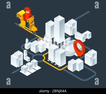 Urban 3d map navigation. Isometric map with delivery pizza navigation route Stock Vector