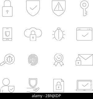 Symbols of privacy. Vector Icon set in linear style of cyber security Stock Vector