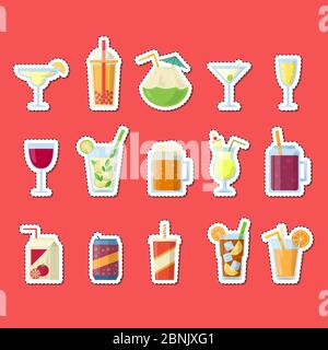 Vector stickers set with alcoholic drinks in glasses and bottles in flat style elements Stock Vector