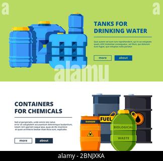 Banners with barrels. Various horizontal banners template with illustrations of different water and oil tanks Stock Vector